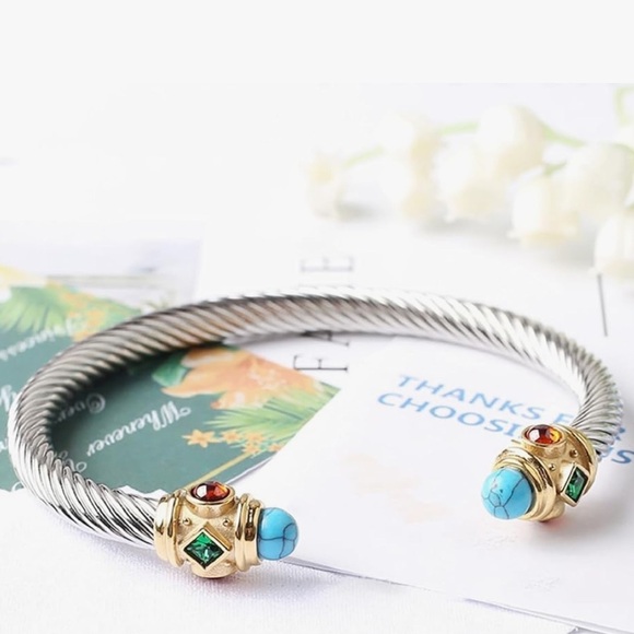 Silver twisted cuff bracelet with gold accents and rhinestones with turq… - Picture 5 of 5